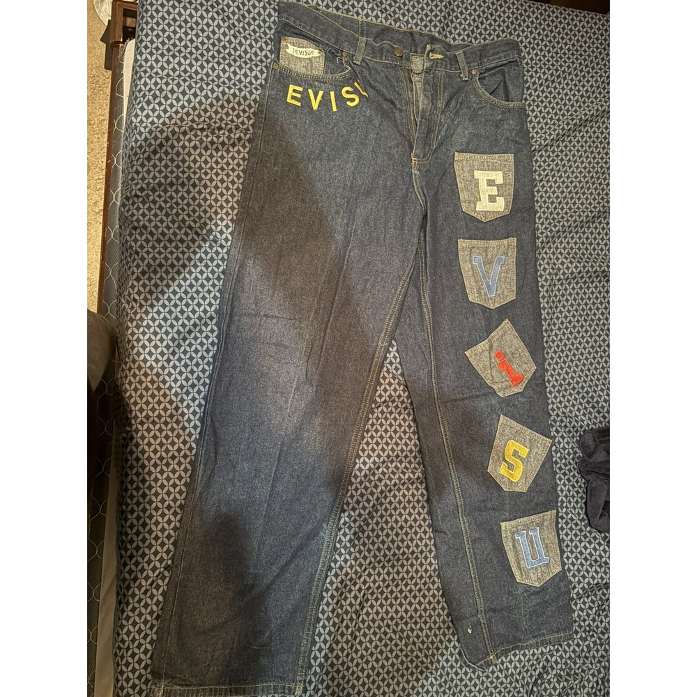 Evisu Men's Dark Wash Blue Straight Denim Jeans Regular Fit 5-Pocket Logo